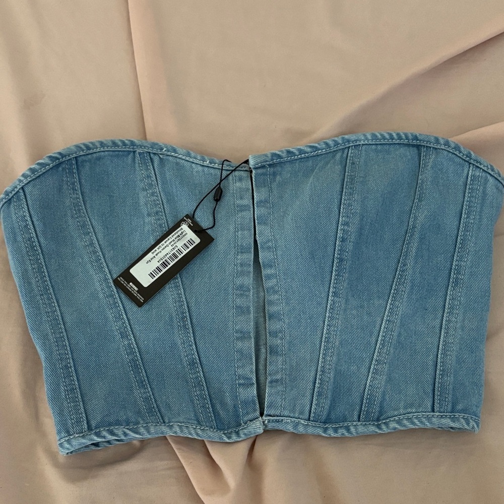 PrettyLittleThing Blue Denim Corset Crop Top
